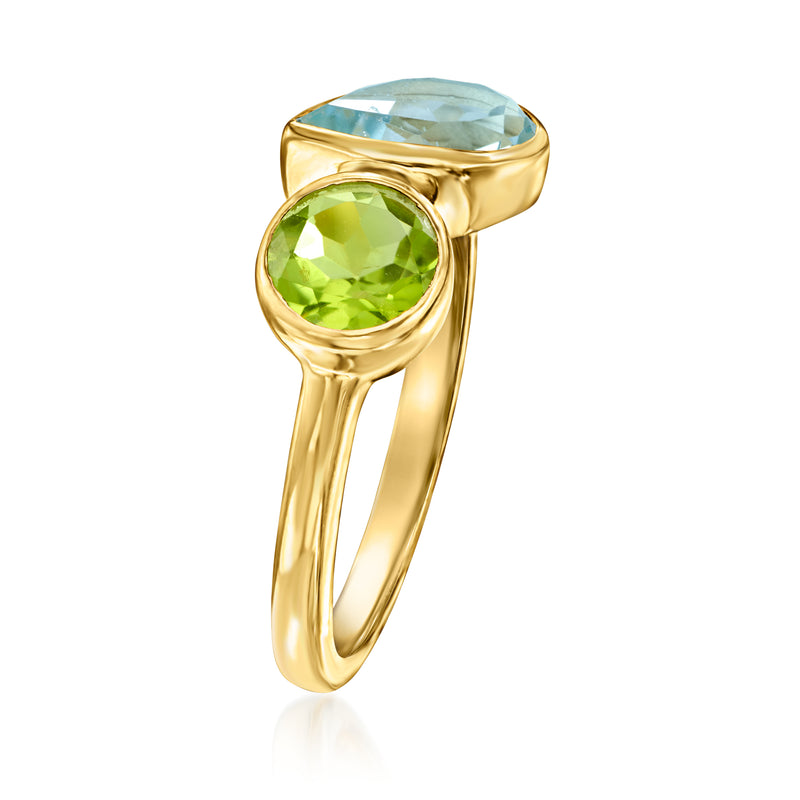 Gold toi et moi ring showing round blue topaz and green peridot in prongs