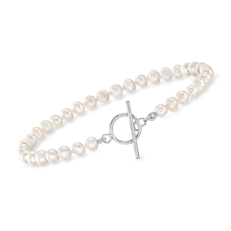 Cultured pearl toggle bracelet with sterling silver clasp, white round beads