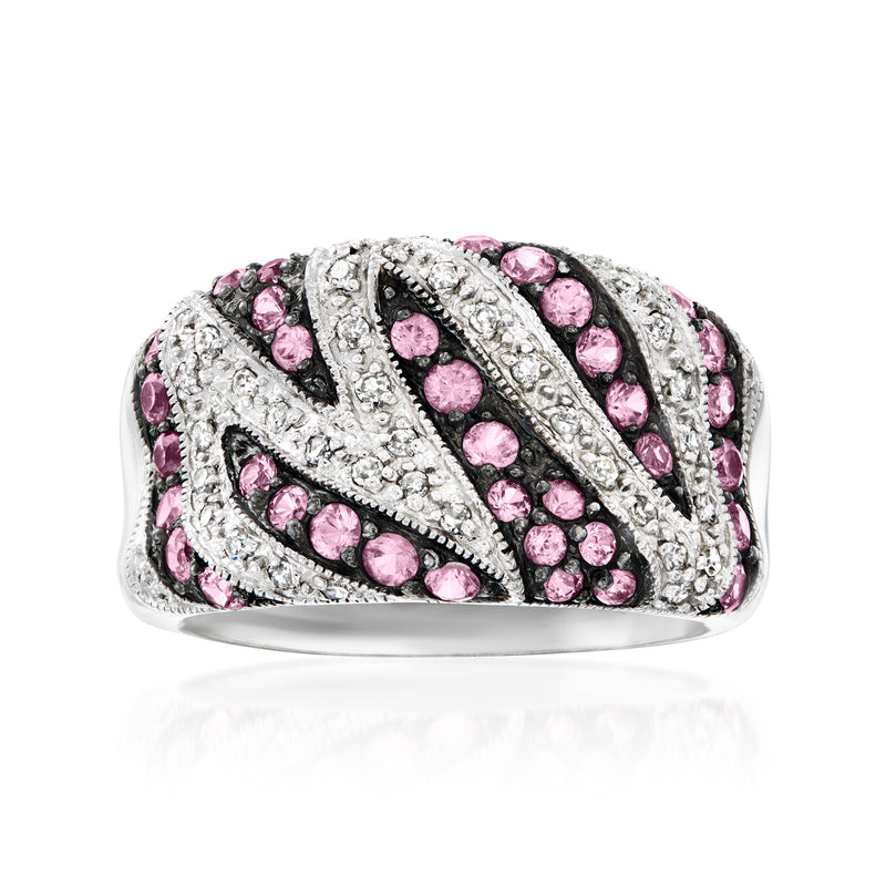 Vintage striped ring in 14kt white gold with pink sapphires and diamond accents