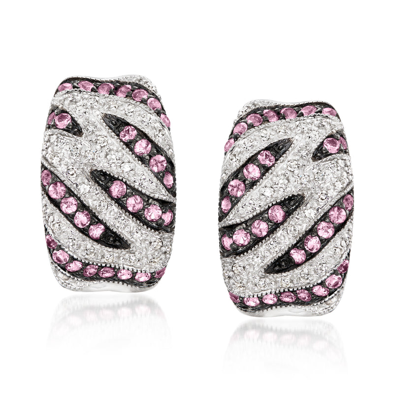 Striped hoop earrings in white gold with pink sapphire and sparkling stones
