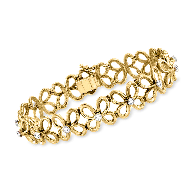 18kt yellow gold diamond flower bracelet with openwork linked floral motifs