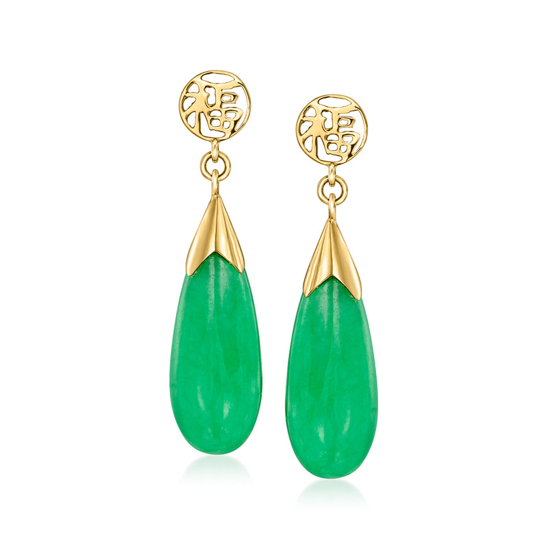 14kt yellow gold drop earrings with green teardrop jade and gold caps