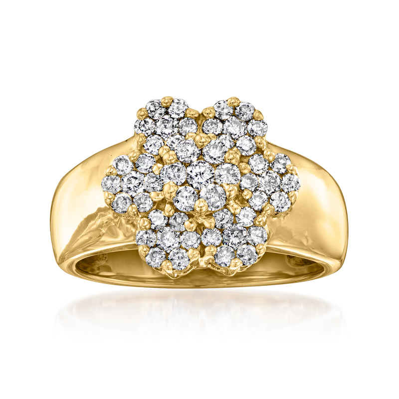 14kt yellow gold ring with diamond flower cluster and round stones