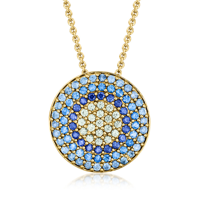 Round blue gemstone pendant on 18kt gold over sterling chain necklace