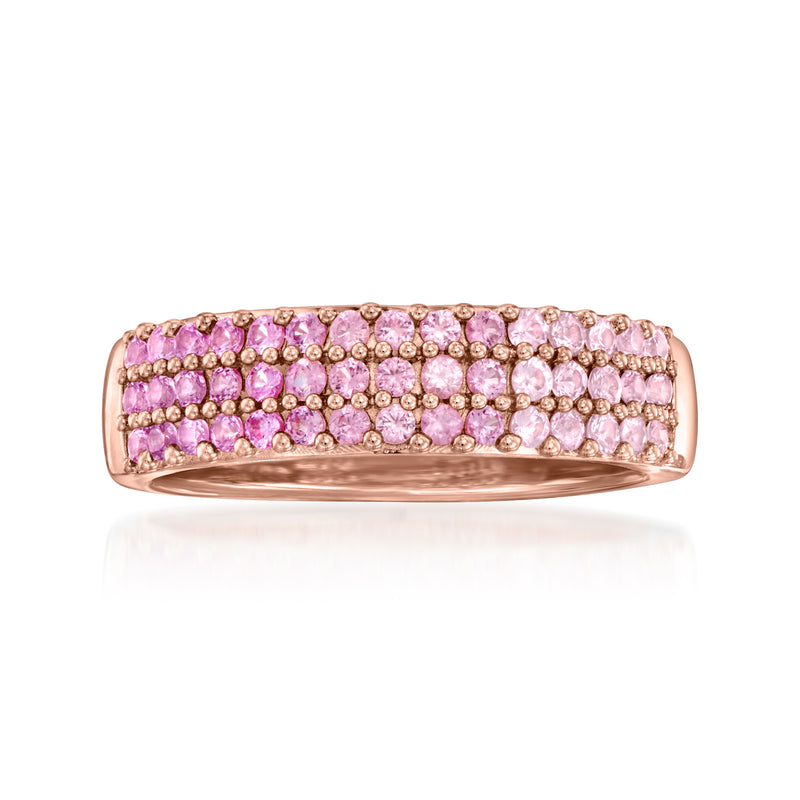 Rose gold tone ombre pink gemstone band ring with pink stones across top
