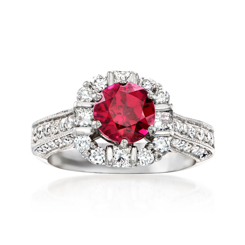 Vintage round rhodolite garnet and diamond halo ring, white gold with side pave