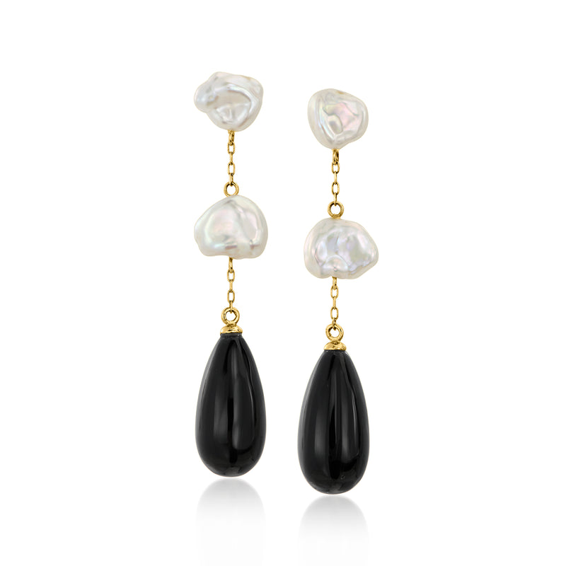 Gold drop earrings with iridescent keshi pearls and black agate teardrops
