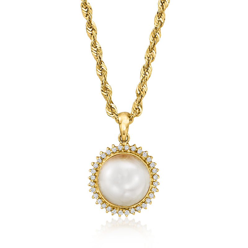 14kt yellow gold pendant with round cultured mabe pearl and diamond halo