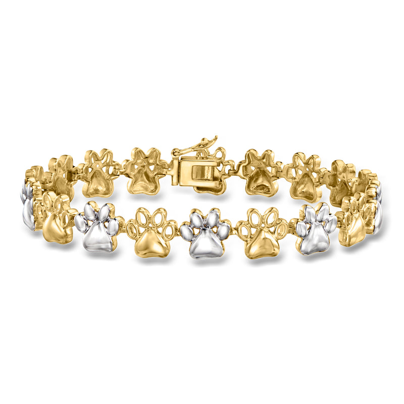 Dog paw print charm bracelet in sterling silver with 18kt gold accents, clasp detail