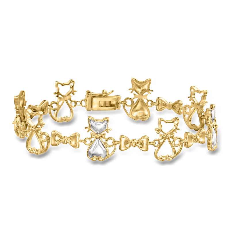 Cat bow bracelet with gold-tone links and blue/white cat charms, toggle clasp