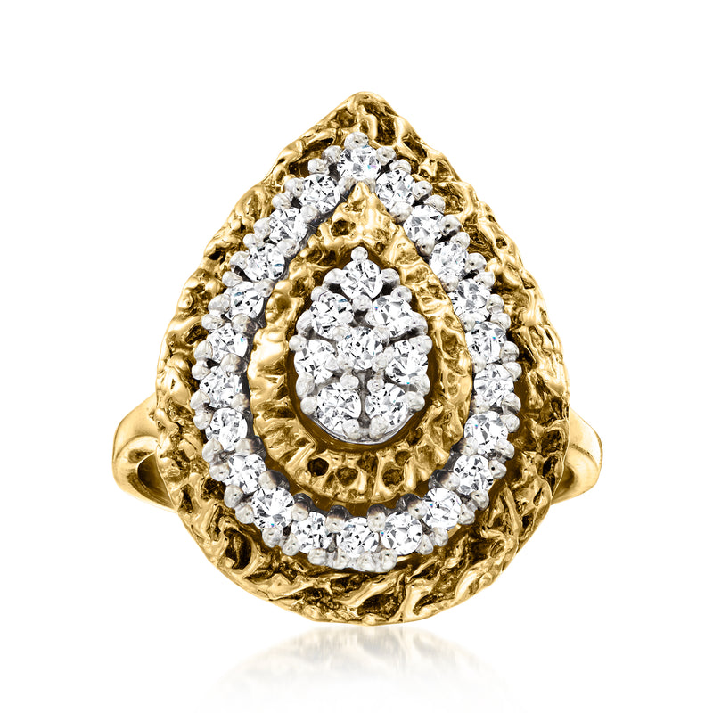 Vintage 14k yellow gold diamond ring with oval halo and ornate clustered stone setting