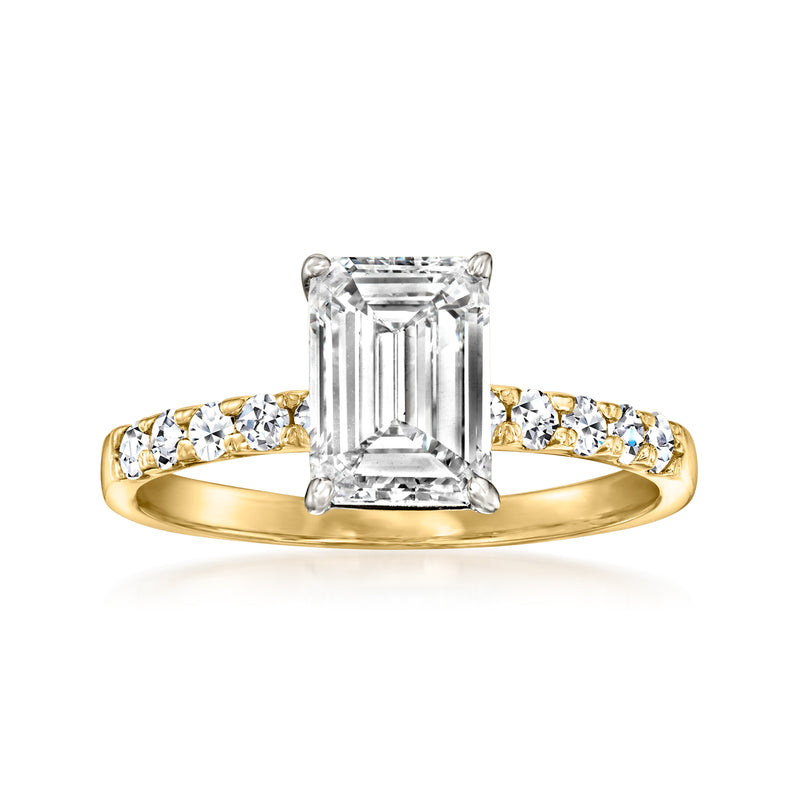 14kt yellow gold ring with emerald-cut lab-grown diamond center and baguette side stones