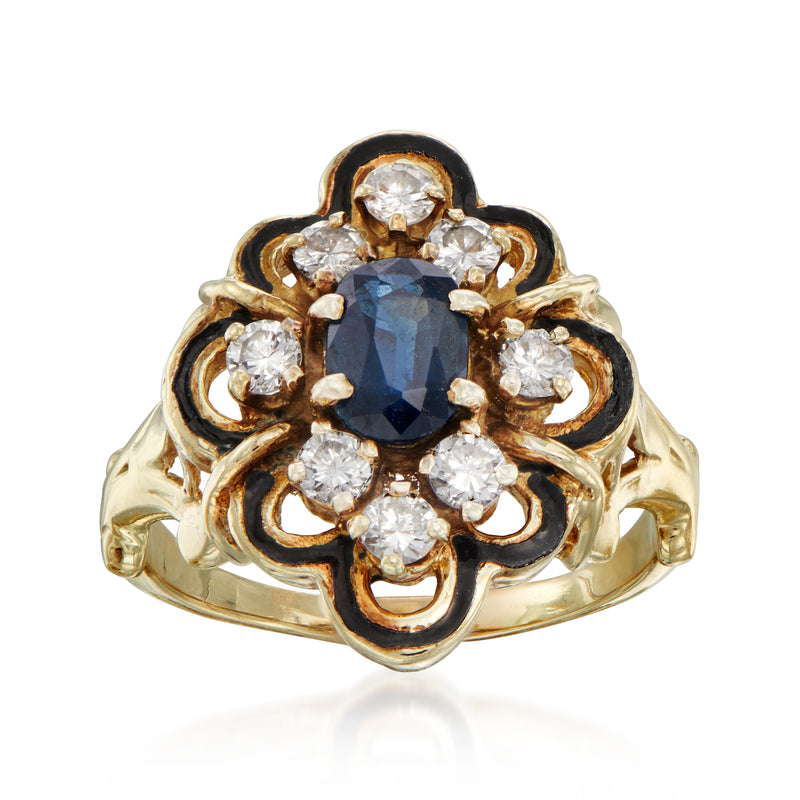 Vintage 14kt yellow gold sapphire diamond ring with black enamel and round halo stones