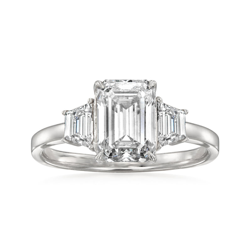 Emerald-cut lab-grown diamond ring with trapezoidal side stones, 14kt white gold