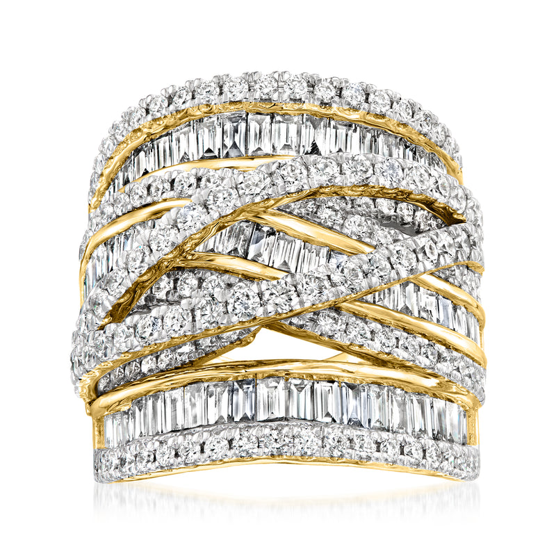 Yellow gold diamond highway ring with baguette and round stones, three stacked rows