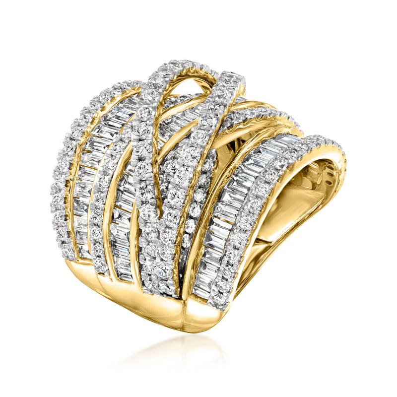 Yellow gold diamond ring angled view, baguette and round stones in stacked bands