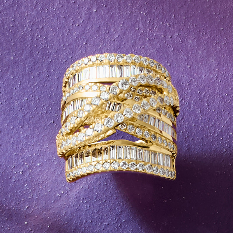 Yellow gold diamond highway ring with baguette rows and round accent stones