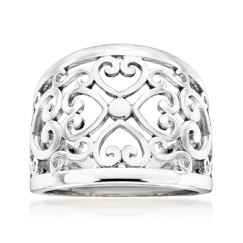 Sterling silver filigree heart ring with ornate swirl cutouts