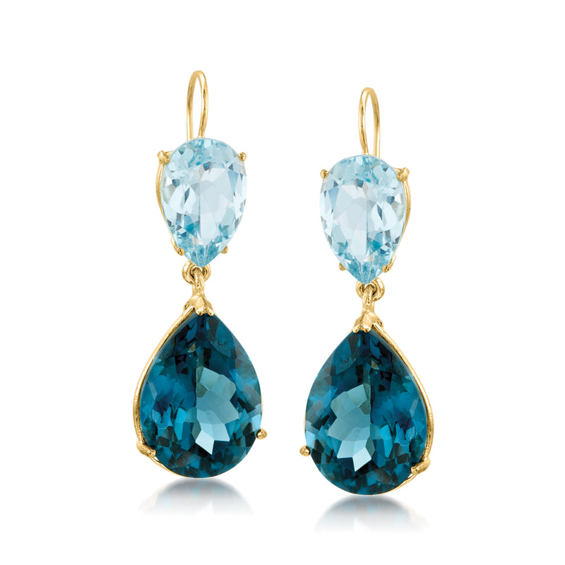 14kt yellow gold drop earrings with light blue and London blue pear topaz stones