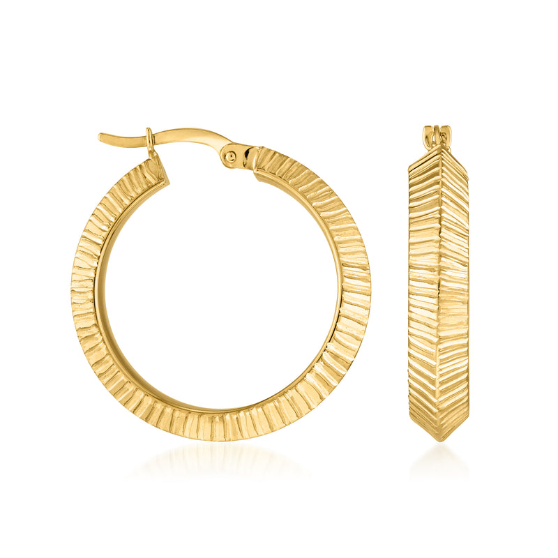 Yellow gold hoop earrings with knife-edge texture and drop bar
