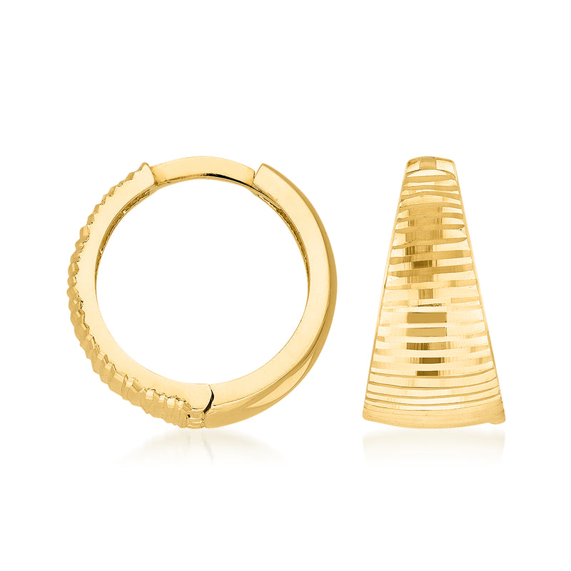 Yellow gold hoop earrings with textured and polished reversible design