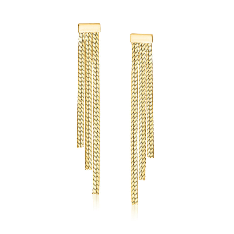 14kt yellow gold snake-chain fringe drop earrings with long vertical tassels