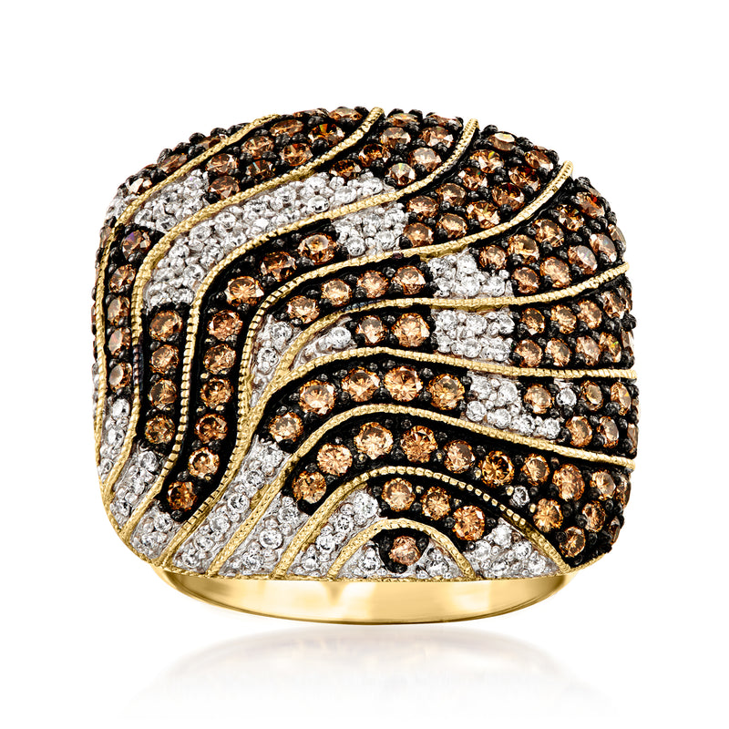 Vintage square-top diamond ring with brown and white stones, 14kt yellow gold band