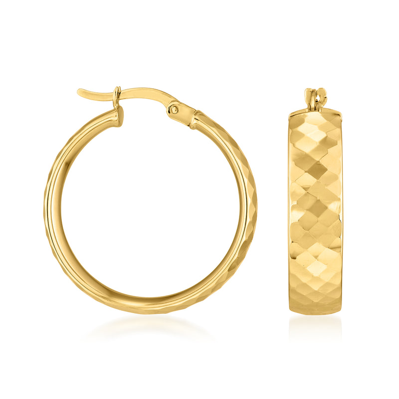 14kt yellow gold hoop earrings with textured polished finish and hinge closure