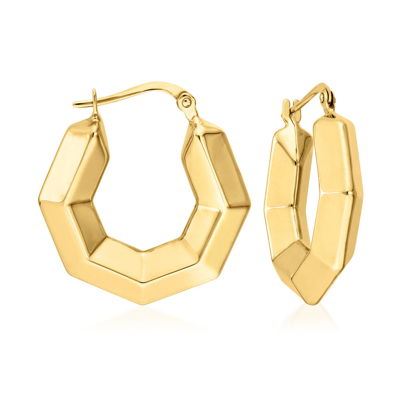 Hexagonal yellow gold hoop earrings with hinged clasp