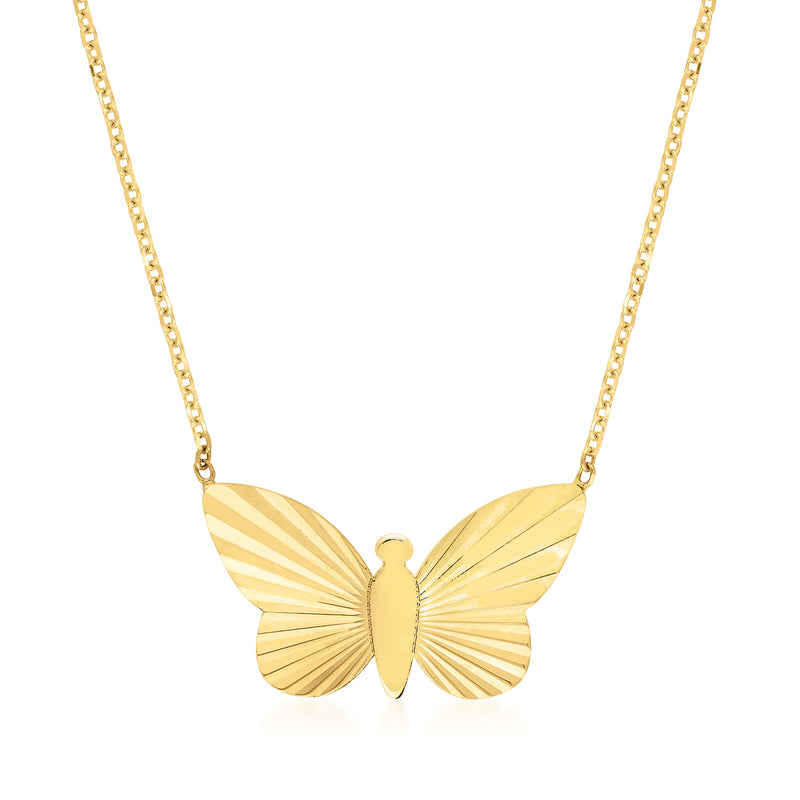 14kt yellow gold fluted butterfly necklace with textured wing pendant