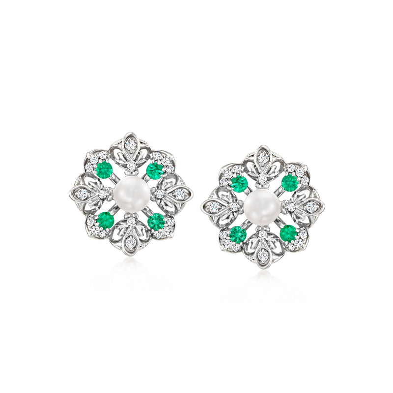 Sterling silver post earrings with round cultured pearl, green emerald accents, diamond clusters