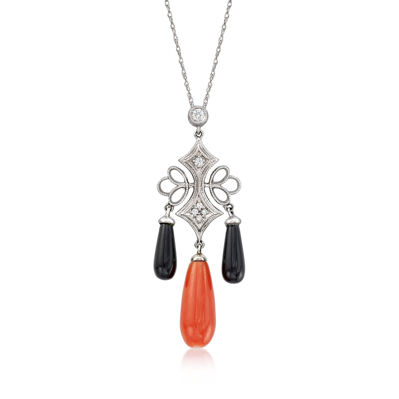 Vintage drop necklace with diamond detail, black onyx teardrops, and red coral pendant.