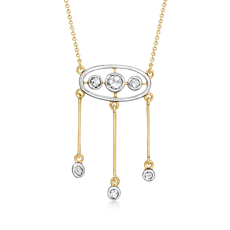 Two-tone gold three-drop diamond necklace with oval setting and three round dangling stones