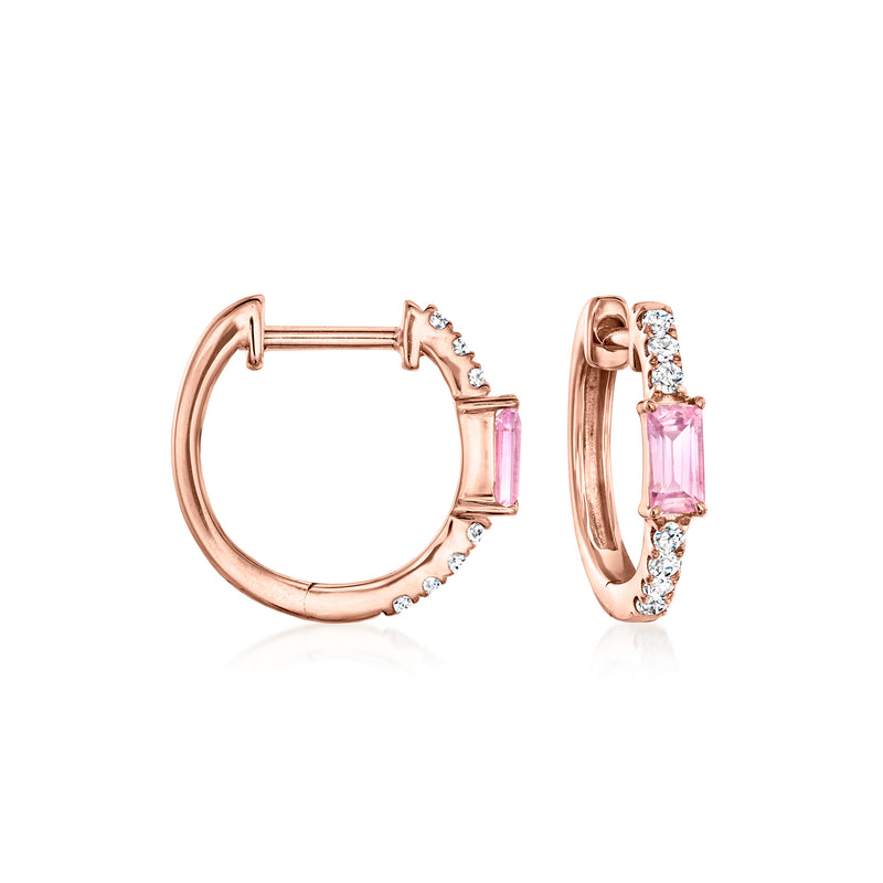14kt rose gold huggie hoop earrings with pink sapphire and diamond accents