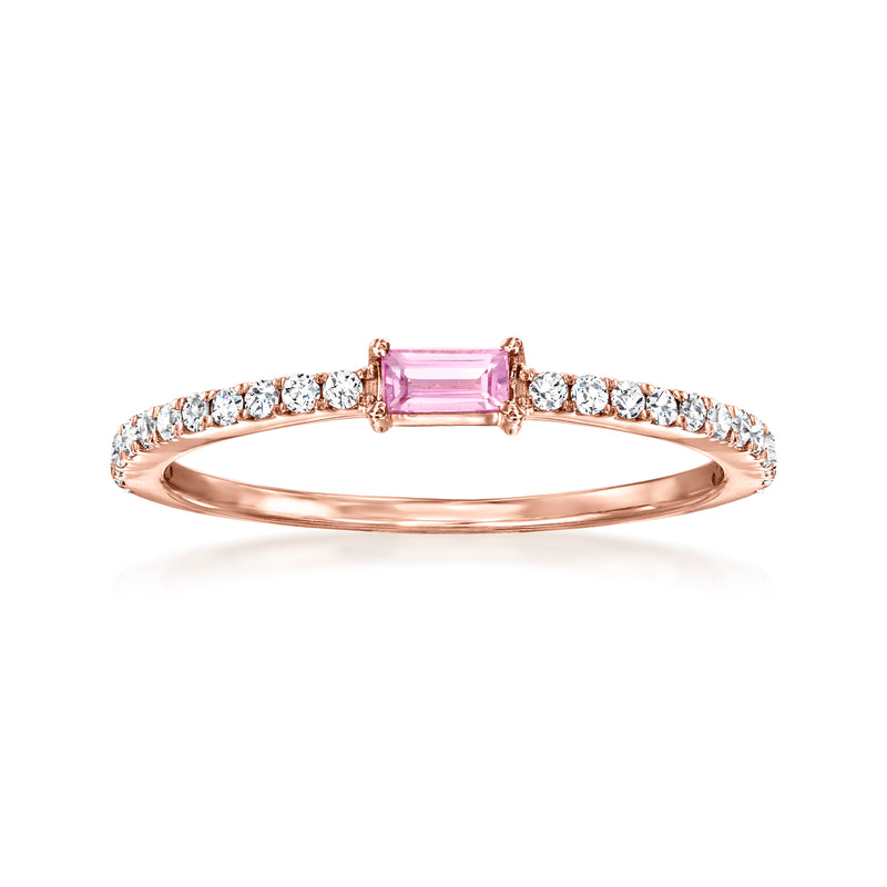 Rose gold ring with rectangular pink sapphire center and round diamond band
