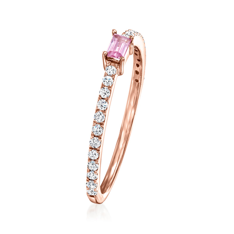 Rose gold ring showing pink rectangular sapphire and channel-set round diamond sides