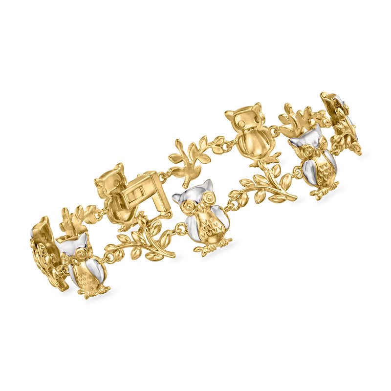 Gold-tone owl charm bracelet with linked chain and small birds