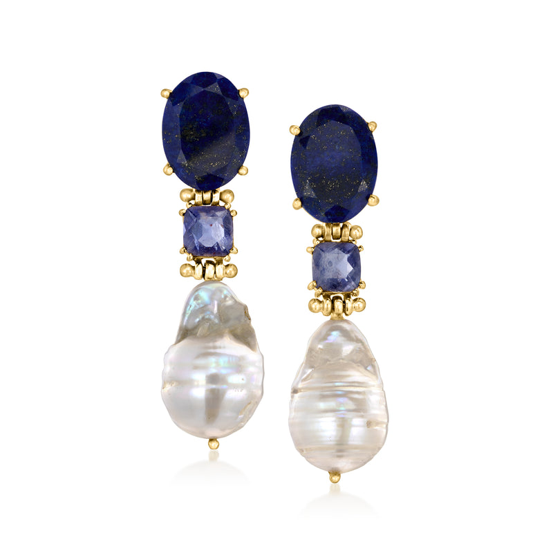 Gold drop earrings with dark blue oval stones and baroque white pearls, shown in pair