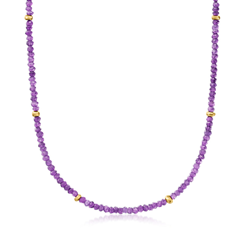 Amethyst bead necklace with purple round beads and small gold spacer beads