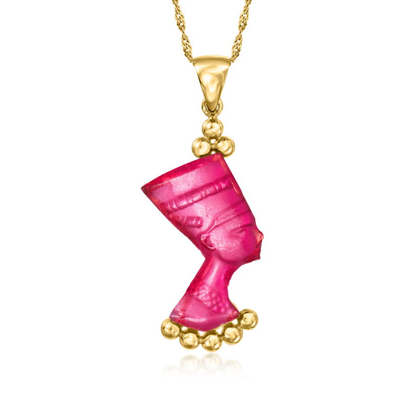 18kt gold over sterling necklace with pink-purple glass Nefertiti bust pendant