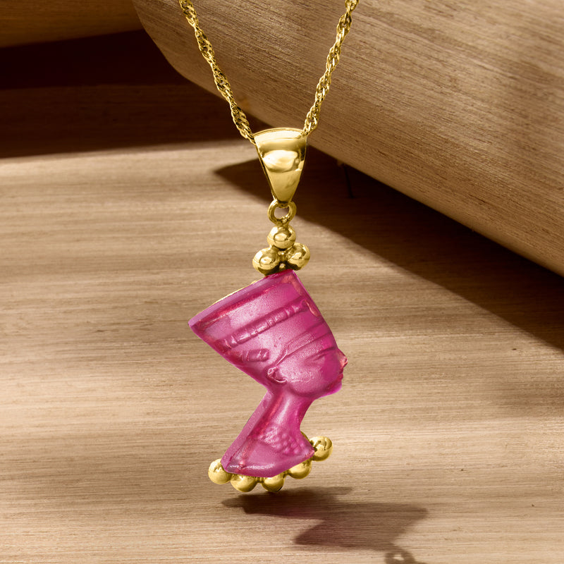 Gold chain necklace with pink-purple glass Nefertiti bust pendant and bail
