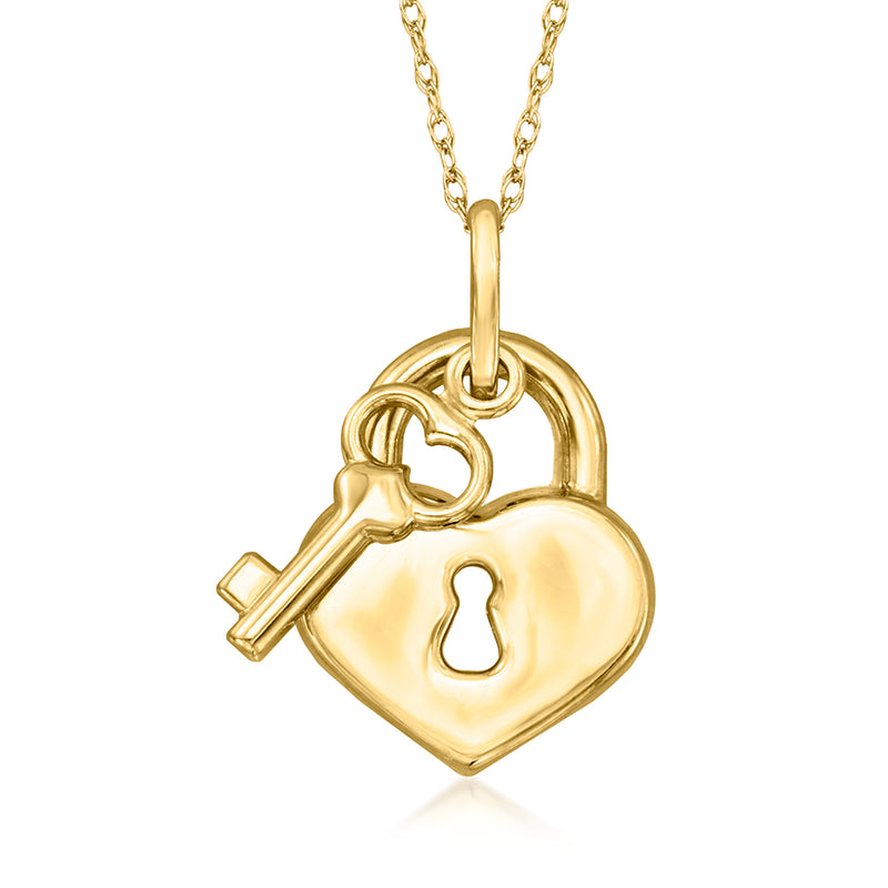 14kt yellow gold heart lock and key pendant necklace with chain