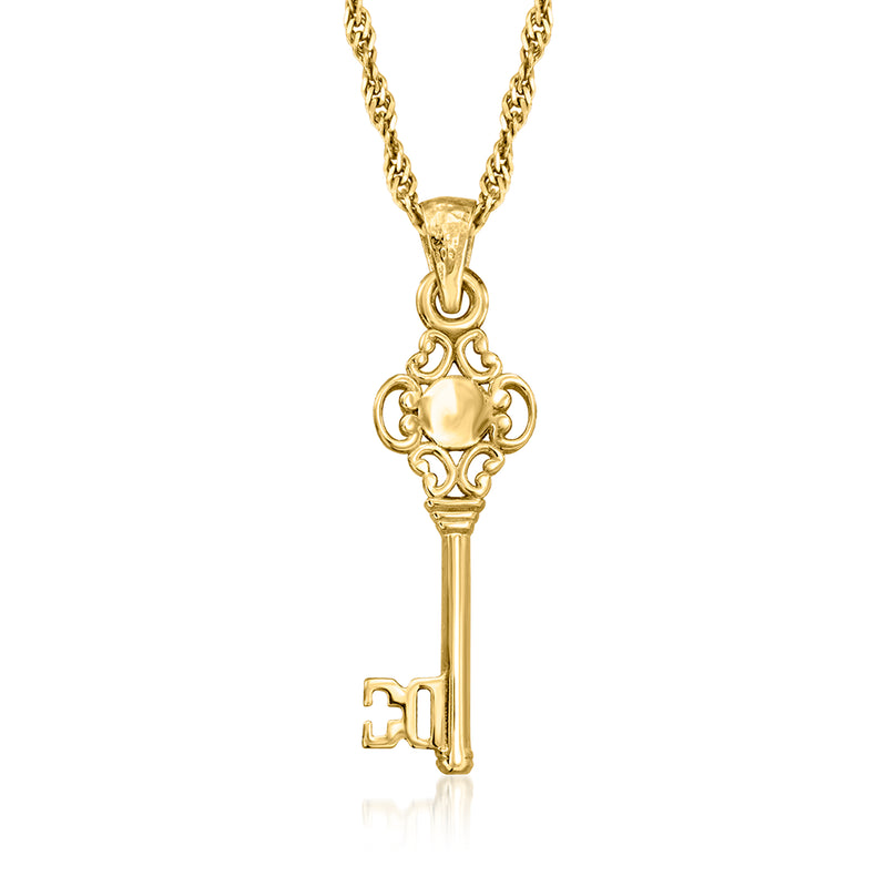 Gold over sterling key pendant necklace with ornate round top and linked chain