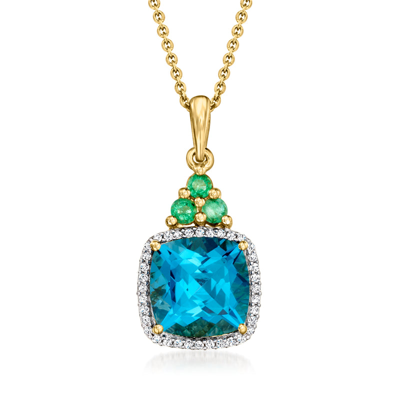 18kt gold over sterling pendant necklace with blue topaz, emerald accents, zircon halo