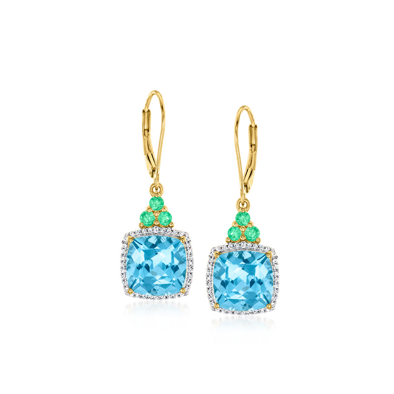 18kt gold over sterling leverback drop earrings with blue square stone, green accents, clear halo