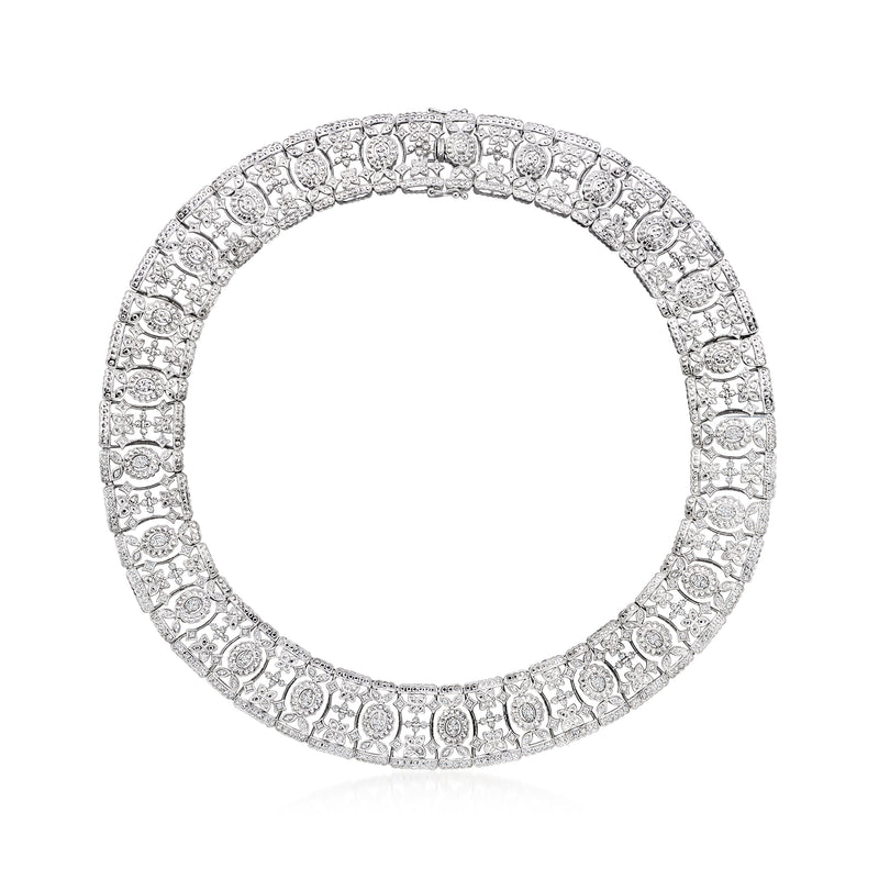 Sterling silver diamond collar necklace with round pave stones and oval settings