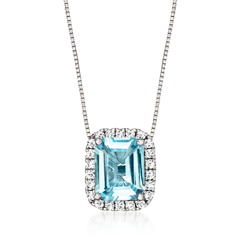 14k white gold pendant necklace with square aquamarine center and diamond halo