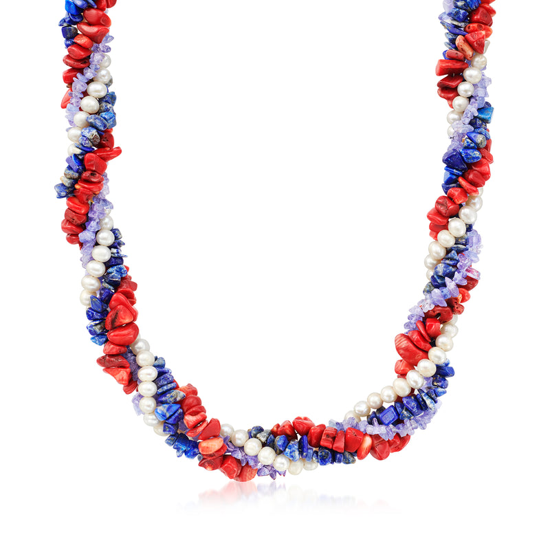 Multi-gemstone beaded torsade necklace with red, blue, and white beads