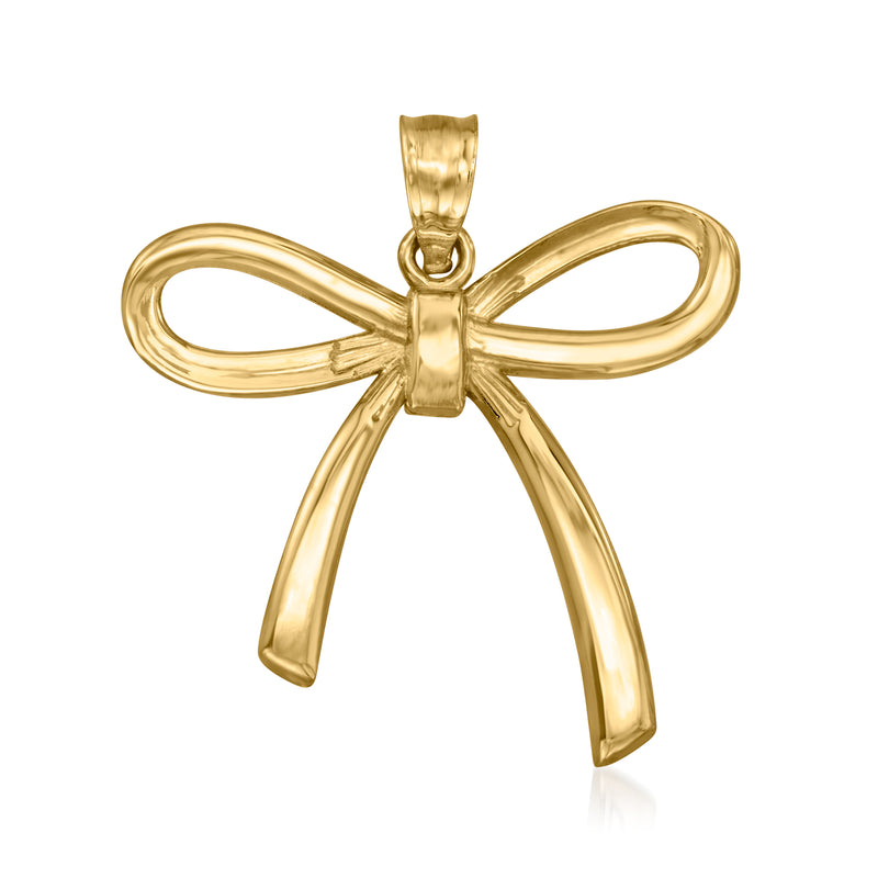 14kt yellow gold bow pendant with loop bail, glossy ribbon design