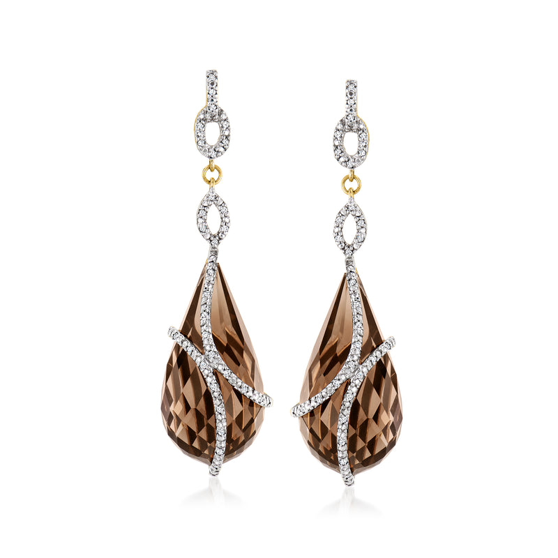 14kt yellow gold smoky quartz and diamond drop earrings with faceted teardrop stones